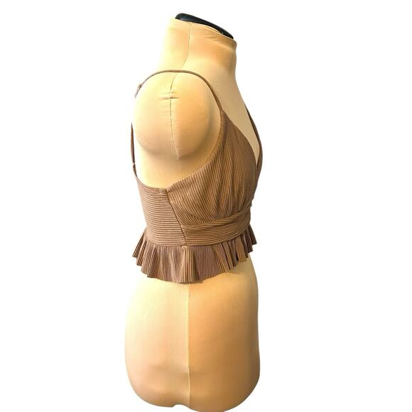 Urban Outfitters Ribbed Ruffle Tank Top Size Medium Deep V Bralette Brown - Picture 4 of 4